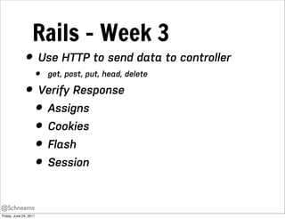 Rails - Week 3
               • Use HTTP to send data to controller
                        •   get, post, put, head, delete

               • Verify Response
                 • Assigns
                 • Cookies
                 • Flash
                 • Session

@Schneems
Friday, June 24, 2011
 