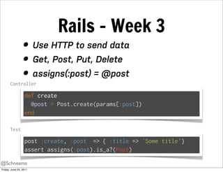 Rails - Week 3
                 • Use HTTP to send data
                 • Get, Post, Put, Delete
       Controller
                 • assigns(:post) = @post
                  def create
                    @post = Post.create(params[:post])
                  end

       Test

                  post :create, :post => { :title => 'Some title'}
                  assert assigns(:post).is_a?(Post)

@Schneems
Friday, June 24, 2011
 