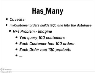 Has_Many
         • Caveats
         •       myCustomer.orders builds SQL and hits the database

               • N+1 Problem - Imagine
                  • You query 100 customers
                  • Each Customer has 100 orders
                  • Each Order has 100 products
                  • ...
@Schneems
Friday, June 24, 2011
 