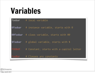 Variables
                        foobar     # local variable

                        @foobar    # instance variable, starts with @

                        @@foobar   # class variable, starts with @@

                        $foobar    # global variable, starts with $

                        FOOBAR     # Constant, starts with a capitol letter

                        FooBar     # Classes are constants



@Schneems
Friday, June 24, 2011
 