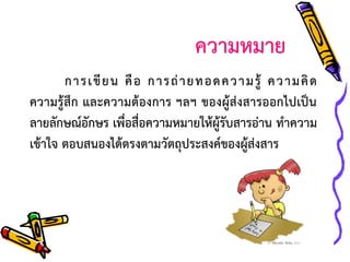 ความหมาย
การเขี ย น คื อ การถ่ า ยทอดความรู้ ความคิ ด
ความรู้สึก และความต้องการ ฯลฯ ของผู้ส่งสารออกไปเป็น
ลายลักษณ์อักษร เพื่อสื่อความหมายให้ผู้รับสารอ่าน ทาความ
เข้าใจ ตอบสนองได้ตรงตามวัตถุประสงค์ของผู้ส่งสาร

 