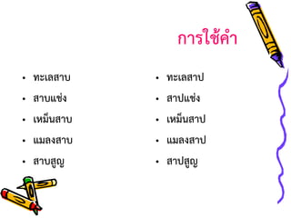 การใช้คา
•
•
•
•
•

ทะเลสาบ
สาบแช่ง
เหม็นสาบ
แมลงสาบ
สาบสูญ

•
•
•
•
•

ทะเลสาป
สาปแช่ง
เหม็นสาป
แมลงสาป
สาปสูญ

 