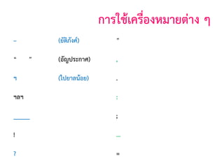 การใช้เครืองหมายต่าง ๆ
่
–

(ยัติภังค์)

”

(บุพสัญญา)

(อัญประกาศ)

,

(จุลภาค)

ฯ

(ไปยาลน้อย)

.

(มหัพภาค)

ฯลฯ

(ไปยาลใหญ่)

:

(ทวิภาค)

_____

(สัญประกาศ)

;

(อัฒภาค)

!

(อัศเจรีย)
์

...

(ไข่ปลา)

?

(ปรัศนี)

=

(เสมอภาค)

“

”

 