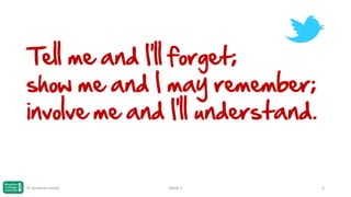 Tell me and I'll forget;
show me and I may remember;
involve me and I'll understand.

© Jonathan Hazell

Week 3

3

 