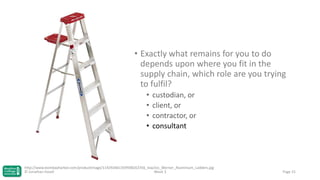 • Exactly what remains for you to do
depends upon where you fit in the
supply chain, which role are you trying
to fulfil?
•
•
•
•

custodian, or
client, or
contractor, or
consultant

http://www.bombayharbor.com/productImage/114292661359938262356_low/Jvs_Werner_Aluminium_Ladders.jpg
© Jonathan Hazell
Week 3

Page 31

 