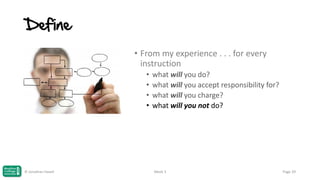 Define
• From my experience . . . for every
instruction
•
•
•
•

© Jonathan Hazell

what will you do?
what will you accept responsibility for?
what will you charge?
what will you not do?

Week 3

Page 39

 