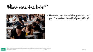 What was the brief?
• Have you answered the question that
you framed on behalf of your client?

http://www.abc.net.au/news/linkableblob/3662168/data/students-sitting-an-exam-data.jpg
© Jonathan Hazell
Week 3

Page 93

 