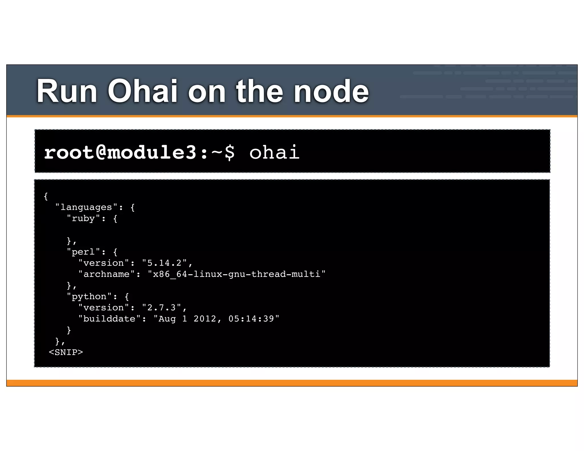 root@module3:~$ ohai
Run Ohai on the node
{
"languages": {
"ruby": {
},
"perl": {
"version": "5.14.2",
"archname": "x86_64-linux-gnu-thread-multi"
},
"python": {
"version": "2.7.3",
"builddate": "Aug 1 2012, 05:14:39"
}
},
<SNIP>
 