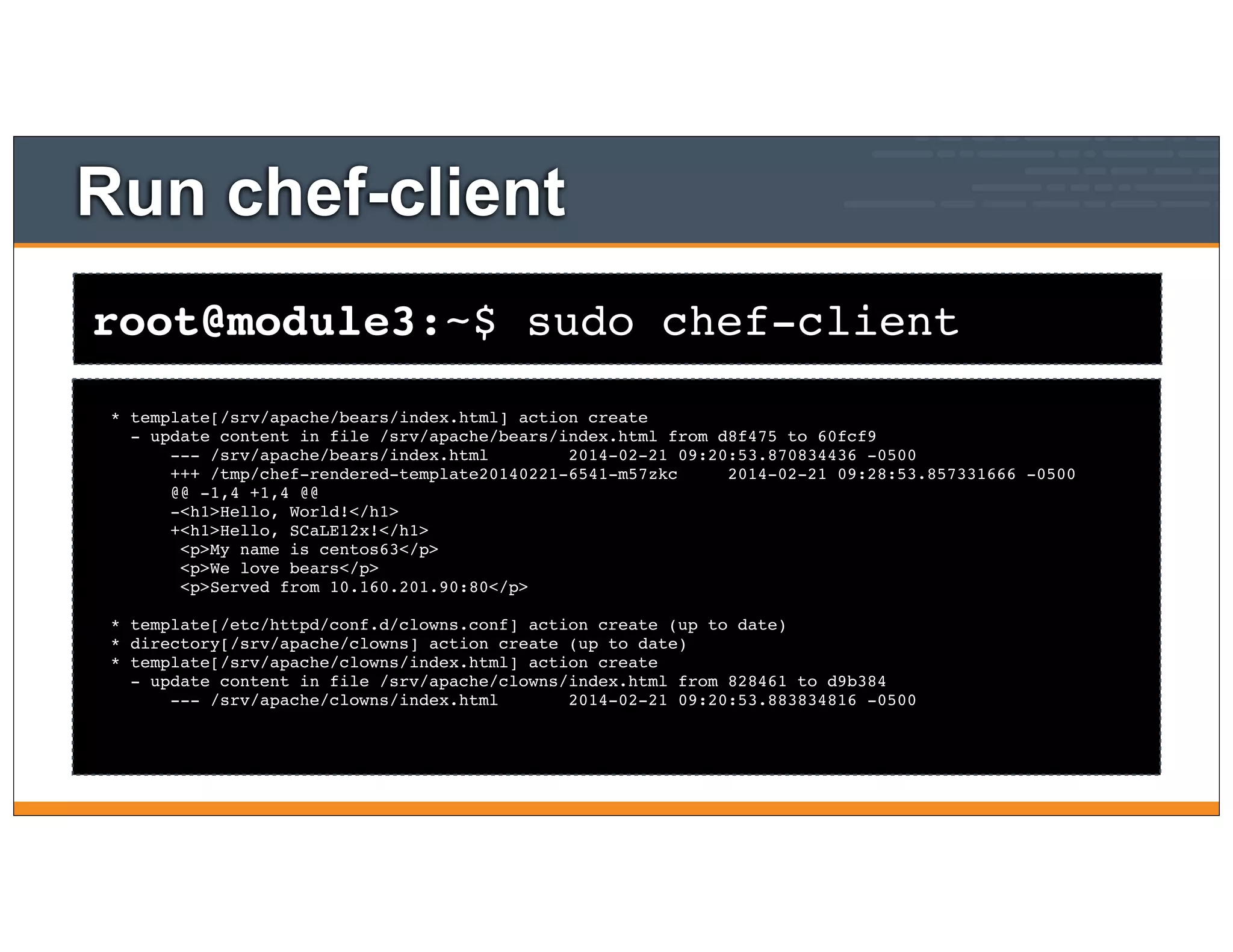root@module3:~$ sudo chef-client
Run chef-client
* template[/srv/apache/bears/index.html] action create
- update content in file /srv/apache/bears/index.html from d8f475 to 60fcf9
--- /srv/apache/bears/index.html 2014-02-21 09:20:53.870834436 -0500
+++ /tmp/chef-rendered-template20140221-6541-m57zkc 2014-02-21 09:28:53.857331666 -0500
@@ -1,4 +1,4 @@
-<h1>Hello, World!</h1>
+<h1>Hello, SCaLE12x!</h1>
<p>My name is centos63</p>
<p>We love bears</p>
<p>Served from 10.160.201.90:80</p>
* template[/etc/httpd/conf.d/clowns.conf] action create (up to date)
* directory[/srv/apache/clowns] action create (up to date)
* template[/srv/apache/clowns/index.html] action create
- update content in file /srv/apache/clowns/index.html from 828461 to d9b384
--- /srv/apache/clowns/index.html 2014-02-21 09:20:53.883834816 -0500
 