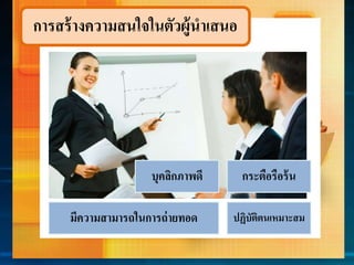 กำรสร้ำงควำมสนใจในตัวผู้นำเสนอ
บุคลิกภำพดี
ปฏิบัติตนเหมำะสม
กระตือรือร้น
มีควำมสำมำรถในกำรถ่ำยทอด
 