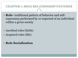 CHAPTER 7: ROLE RELATIONSHIP PATTERNS
 Role- traditional pattern of behavior and self-
expression performed by or expected of an individual
within a given society
 Ascribed roles (birth)
 Acquired roles (life)
 Role Socialization
 
