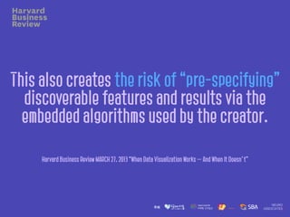 This also creates the risk of “pre-specifying”
discoverable features and results via the
embedded algorithms used by the creator.
Harvard Business Review MARCH 27, 2013 “When Data Visualization Works — And When It Doesn’t”
 