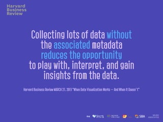 Collecting lots of data without
the associated metadata
reduces the opportunity
to play with, interpret, and gain
insights from the data.
Harvard Business Review MARCH 27, 2013 “When Data Visualization Works — And When It Doesn’t”
 