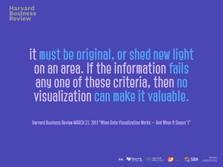 it must be original, or shed new light
on an area. If the information fails
any one of these criteria, then no
visualization can make it valuable.
Harvard Business Review MARCH 27, 2013 “When Data Visualization Works — And When It Doesn’t”
 