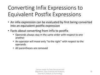 Converting Infix Expressions to
Equivalent Postfix Expressions
• An infix expression can be evaluated by first being converted
into an equivalent postfix expression
• Facts about converting from infix to postfix
• Operands always stay in the same order with respect to one
another
• An operator will move only “to the right” with respect to the
operands
• All parentheses are removed
Lecture series for Data Structures and
Algorithms, Data Science and Analytics,
Thai-Nichi Institute of Technology
18
 