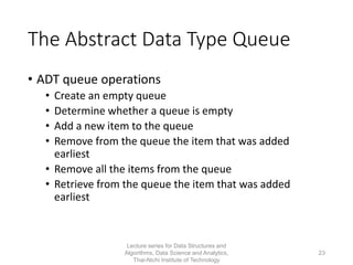 The Abstract Data Type Queue
• ADT queue operations
• Create an empty queue
• Determine whether a queue is empty
• Add a new item to the queue
• Remove from the queue the item that was added
earliest
• Remove all the items from the queue
• Retrieve from the queue the item that was added
earliest
Lecture series for Data Structures and
Algorithms, Data Science and Analytics,
Thai-Nichi Institute of Technology
23
 