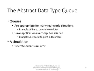 The Abstract Data Type Queue
• Queues
• Are appropriate for many real-world situations
• Example: A line to buy a movie ticket
• Have applications in computer science
• Example: A request to print a document
• A simulation
• Discrete event simulator
Lecture series for Data Structures and
Algorithms, Data Science and Analytics,
Thai-Nichi Institute of Technology
24
 