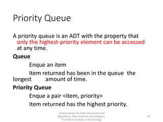Priority Queue
A priority queue is an ADT with the property that
only the highest-priority element can be accessed
at any time.
Queue
Enque an item
Item returned has been in the queue the
longest amount of time.
Priority Queue
Enque a pair <item, priority>
Item returned has the highest priority.
Lecture series for Data Structures and
Algorithms, Data Science and Analytics,
Thai-Nichi Institute of Technology
45
 