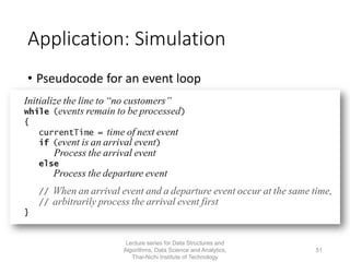 Application: Simulation
• Pseudocode for an event loop
Lecture series for Data Structures and
Algorithms, Data Science and Analytics,
Thai-Nichi Institute of Technology
51
 