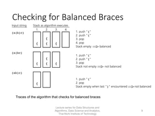 Checking for Balanced Braces
Traces of the algorithm that checks for balanced braces
Lecture series for Data Structures and
Algorithms, Data Science and Analytics,
Thai-Nichi Institute of Technology
9
 