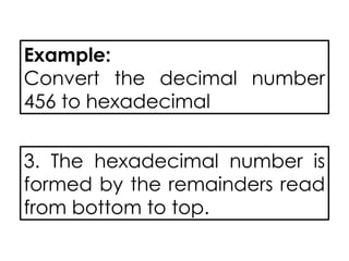 Example:
Convert the decimal number
456 to hexadecimal
3. The hexadecimal number is
formed by the remainders read
from bottom to top.
 