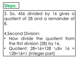 Steps:
3. So, 456 divided by 16 gives a
quotient of 28 and a remainder of
8.
4.Second Division:
• Now divide the quotient from
the first division (28) by 16.
• Quotient: 28÷16=128 div 16 =
128÷16=1 (integer part)
 
