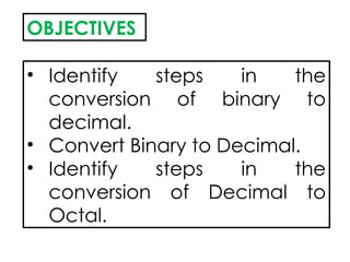OBJECTIVES
• Identify steps in the
conversion of binary to
decimal.
• Convert Binary to Decimal.
• Identify steps in the
conversion of Decimal to
Octal.
 