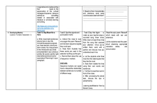 imaginativeandcreativewriting
that leads to the
appreciation of the cultural
heritagesofstudents. Literaryis
defined as something
related or associated with
literature or scholarly learning
and writing.
http://www.ask.com/question/w
hat-is-the-definition-of-a-
literary-text
_________________________
________________________
3. Basedontheircharacteristics
and intentions, what name
couldbeassociatedwiththem?
_________________________
________________________
_________________________
_________________________
____________________
_________________________
_________________________
___________________
F. Developing Mastery
(Leads to Formative Assessment 3)
Task13. Rap Meantfora
Hero
a. Write meaningfulsentences
abouta hero in your life.
Includethesequencesignals
you have learned,colonsand
semi-colons,You maygoback
to the introductionyou wrote
andpresentedin your previous
activity. Be sureto usethe right
descriptivewordsand some
examplesof“Kennings”inyour
paragraph.
Task9. Spot the signalsand
punctuationmarks
a. Instruct the class to scan
onceagainthe poem “Beowulf”
and list down sequencesignals
they could spot.
b. Have them illustrate how
these words are used in the
selection byfilling out the grid.
c. Remind them about the use
of sequence markers
DISCUSS:
Sequence markers can signal
howto interpretthe relationship
betweensentencesinanumber
of different ways.
Task 2.Say that Again a.
Listen as your teacher plays a
recorded song three times.
Write down at least three lines
from the song that captured
your attention. Once you’ve
written them, work with a
partner and discuss how you
understood each line.
a. Let the students write three
lines from the listeningtext that
they like the most.
b. Have them restate the lines
using their own words and
sentences.
c.Tellthem toreadtheirworkin
front of the class.
d. After processing the above
task, discuss the tips in
paraphrasing
Listening text/Material: Hero by
Mariah Carey
Read the epic poem “Beowulf”
which deals with war and
adventure.
Let the students read the poem
aloud observing appropriate
intonation, stress, and
pronunciation
 