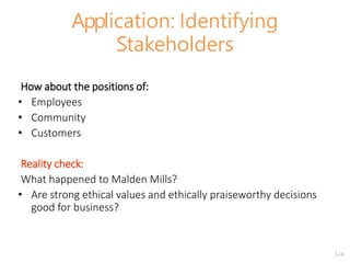 2-18
Application: Identifying
Stakeholders
How about the positions of:
• Employees
• Community
• Customers
Reality check:
What happened to Malden Mills?
• Are strong ethical values and ethically praiseworthy decisions
good for business?
 