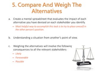2-21
5. Compare And Weigh The
Alternatives
a. Create a mental spreadsheet that evaluates the impact of each
alternative you have devised on each stakeholder you identify.
– Most helpful way to accomplish this task is to try to place oneself in
the other person’s position.
b. Understanding a situation from another’s point of view.
c. Weighing the alternatives will involve the following
consequences to all the relevant stakeholders:
– Likely
– Foreseeable
– Possible
 