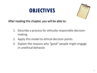 2-3
OBJECTIVES
After reading this chapter, you will be able to:
1. Describe a process for ethically responsible decision-
making.
2. Apply this model to ethical decision points.
3. Explain the reasons why “good” people might engage
in unethical behavior.
 