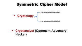 Symmetric Cipher Model
 Cryptology
1- Cryptography (enciphering)
2- Cryptanalysis (deciphering)
 Cryptanalyst (Opponent-Adversary-
Hacker)
 