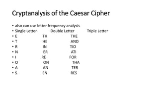 Cryptanalysis of the Caesar Cipher
• also can use letter frequency analysis
• Single Letter Double Letter Triple Letter
• E TH THE
• T HE AND
• R IN TIO
• N ER ATI
• I RE FOR
• O ON THA
• A AN TER
• S EN RES
 