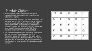 Playfair Cipher
• In this scheme, pairs of letters are encrypted,
instead of single letters as in the case of simple
substitution cipher.
• In playfair cipher, initially a key table is created. The
key table is a 5×5 grid of alphabets that acts as the
key for encrypting the plaintext. Each of the 25
alphabets must be unique and one letter of the
alphabet (usually J) is omitted from the table as we
need only 25 alphabets instead of 26. If the
plaintext contains J, then it is replaced by I.
• The sender and the receiver deicide on a particular
key, say ‘tutorials’. In a key table, the first
characters (going left to right) in the table is the
phrase, excluding the duplicate letters. The rest of
the table will be filled with the remaining letters of
the alphabet, in natural order. The key table works
out to be −
 