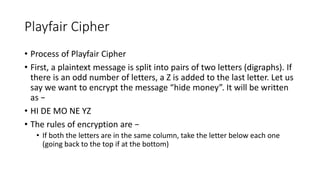 Playfair Cipher
• Process of Playfair Cipher
• First, a plaintext message is split into pairs of two letters (digraphs). If
there is an odd number of letters, a Z is added to the last letter. Let us
say we want to encrypt the message “hide money”. It will be written
as −
• HI DE MO NE YZ
• The rules of encryption are −
• If both the letters are in the same column, take the letter below each one
(going back to the top if at the bottom)
 