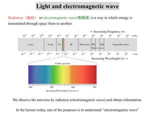 Light and electromagnetic wave
Radiation（辐射） or electromagnetic wave(电磁波) is a way in which energy is
transmitted through ...
