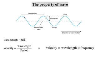 The property of wave
Wave velocity（波速）
velocity =
wavelength
Period
or velocity = wavelength × frequency
 