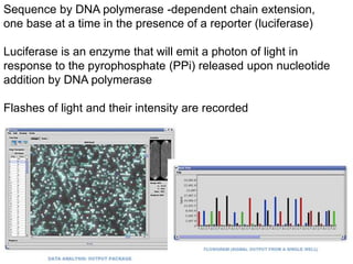 Sequence by DNA polymerase -dependent chain extension,
one base at a time in the presence of a reporter (luciferase)
Luciferase is an enzyme that will emit a photon of light in
response to the pyrophosphate (PPi) released upon nucleotide
addition by DNA polymerase
Flashes of light and their intensity are recorded
 