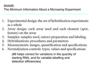 MIAME:
The Minimum Information About a Microarray Experiment
(#6 helps correct for variations in the quantity of
starting RNA, and for variable labelling and
detection efficiencies)
 