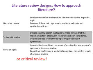 Literature review designs: How to approach
literature?
Narrative review
Selective review of the literature that broadly covers a specific
topic.
Does not follow strict systematic methods to locate and
synthesize articles.
Systematic review
Utilizes exacting search strategies to make certain that the
maximum extent of relevant research has been considered.
Original articles are methodologically appraised and
synthesised.
Meta-analysis
Quantitatively combines the result of studies that are result of a
systematic literature review.
Capable of performing a statistical analysis of the pooled results
of relevant studies
or critical review!
 