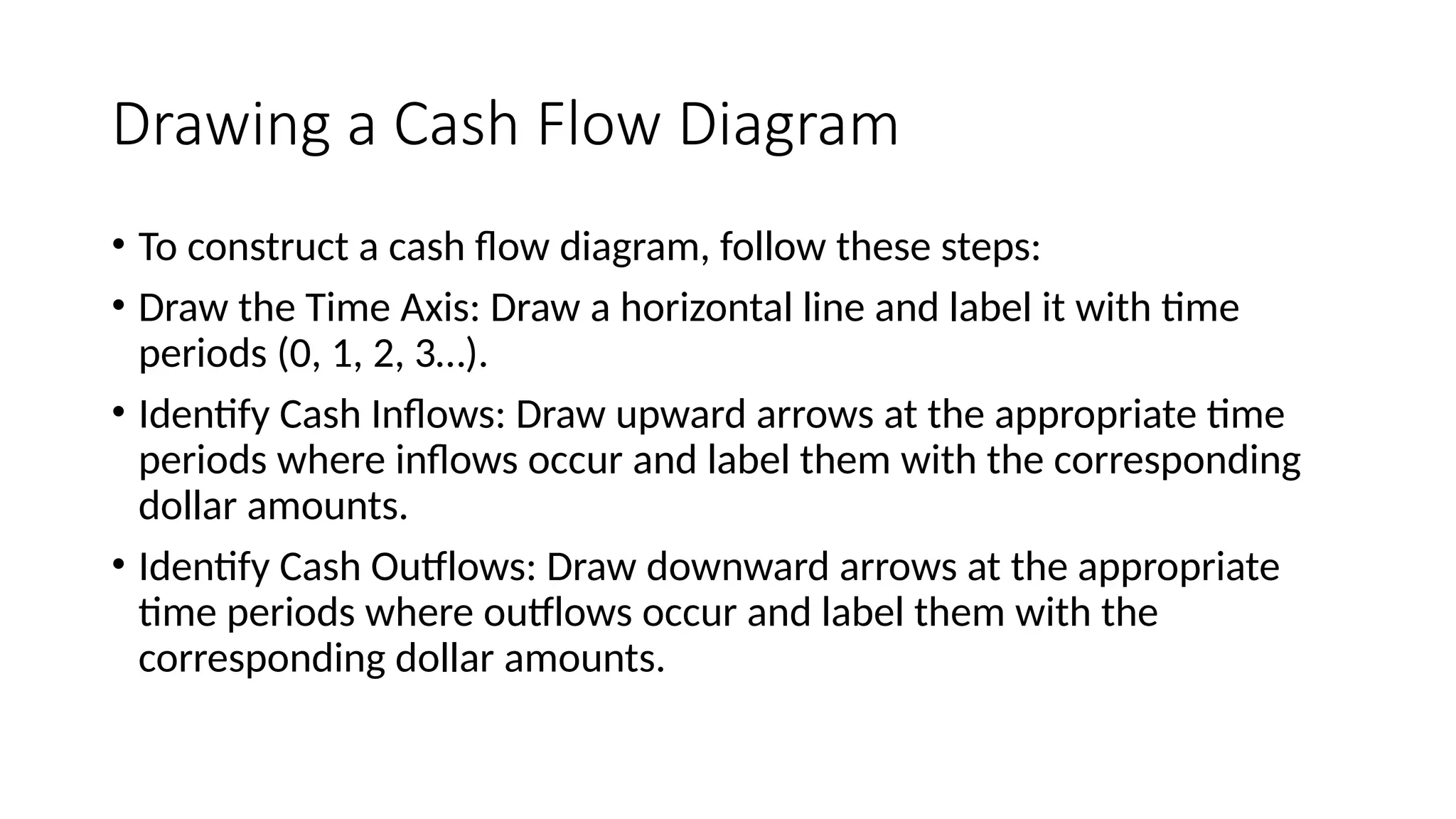 Drawing a Cash Flow Diagram
• To construct a cash flow diagram, follow these steps:
• Draw the Time Axis: Draw a horizontal line and label it with time
periods (0, 1, 2, 3…).
• Identify Cash Inflows: Draw upward arrows at the appropriate time
periods where inflows occur and label them with the corresponding
dollar amounts.
• Identify Cash Outflows: Draw downward arrows at the appropriate
time periods where outflows occur and label them with the
corresponding dollar amounts.
 