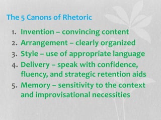 1. Invention – convincing content
2. Arrangement – clearly organized
3. Style – use of appropriate language
4. Delivery – speak with confidence,
fluency, and strategic retention aids
5. Memory – sensitivity to the context
and improvisational necessities
The 5 Canons of Rhetoric
 