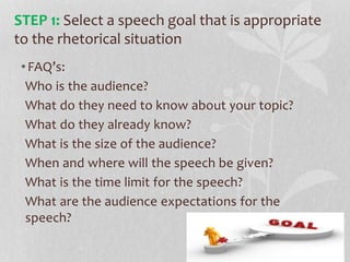 •FAQ’s:
Who is the audience?
What do they need to know about your topic?
What do they already know?
What is the size of the audience?
When and where will the speech be given?
What is the time limit for the speech?
What are the audience expectations for the
speech?
STEP 1: Select a speech goal that is appropriate
to the rhetorical situation
 