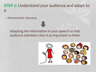• Demonstrate relevance
Adapting the information in your speech so that
audience members view it as important to them
STEP 2: Understand your audience and adapt to
it
 