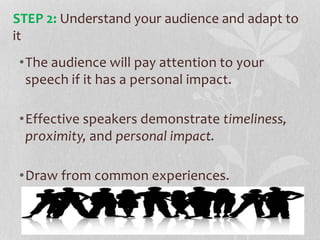 •The audience will pay attention to your
speech if it has a personal impact.
•Effective speakers demonstrate timeliness,
proximity, and personal impact.
•Draw from common experiences.
STEP 2: Understand your audience and adapt to
it
 