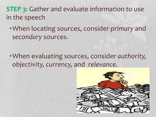 •When locating sources, consider primary and
secondary sources.
•When evaluating sources, consider authority,
objectivity, currency, and relevance.
STEP 3: Gather and evaluate information to use
in the speech
 