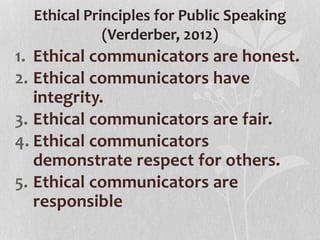Ethical Principles for Public Speaking
(Verderber, 2012)
1. Ethical communicators are honest.
2. Ethical communicators have
integrity.
3. Ethical communicators are fair.
4. Ethical communicators
demonstrate respect for others.
5. Ethical communicators are
responsible
 