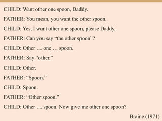 CHILD: Want other one spoon, Daddy.
FATHER: You mean, you want the other spoon.
CHILD: Yes, I want other one spoon, please Daddy.
FATHER: Can you say “the other spoon”?
CHILD: Other … one … spoon.
FATHER: Say “other.”
CHILD: Other.
FATHER: “Spoon.”
CHILD: Spoon.
FATHER: “Other spoon.”
CHILD: Other … spoon. Now give me other one spoon?
Braine (1971)
 
