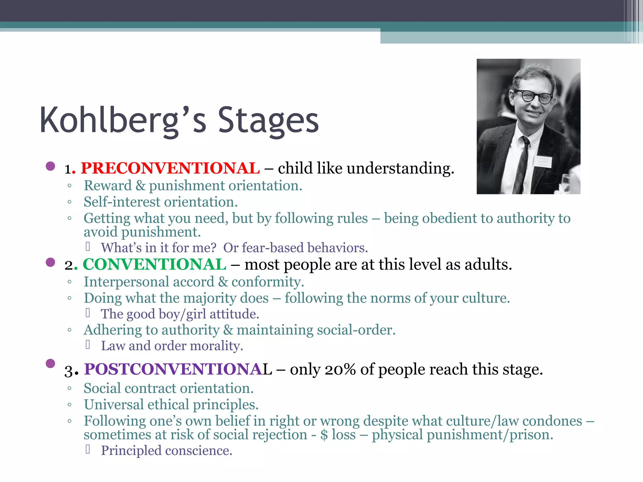 Kohlberg’s Stages
 1. PRECONVENTIONAL – child like understanding.
◦ Reward & punishment orientation.
◦ Self-interest orientation.
◦ Getting what you need, but by following rules – being obedient to authority to
avoid punishment.
 What’s in it for me? Or fear-based behaviors.
 2. CONVENTIONAL – most people are at this level as adults.
◦ Interpersonal accord & conformity.
◦ Doing what the majority does – following the norms of your culture.
 The good boy/girl attitude.
◦ Adhering to authority & maintaining social-order.
 Law and order morality.
 3. POSTCONVENTIONAL – only 20% of people reach this stage.
◦ Social contract orientation.
◦ Universal ethical principles.
◦ Following one’s own belief in right or wrong despite what culture/law condones –
sometimes at risk of social rejection - $ loss – physical punishment/prison.
 Principled conscience.
 
