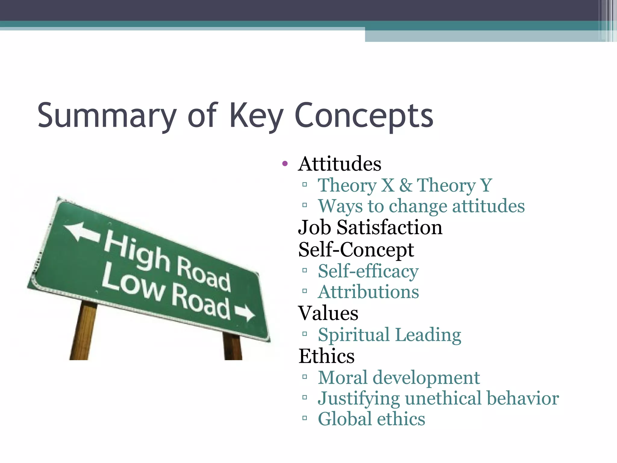 Summary of Key Concepts
• Attitudes
▫ Theory X & Theory Y
▫ Ways to change attitudes
• Job Satisfaction
• Self-Concept
▫ Self-efficacy
▫ Attributions
• Values
▫ Spiritual Leading
• Ethics
▫ Moral development
▫ Justifying unethical behavior
▫ Global ethics
 
